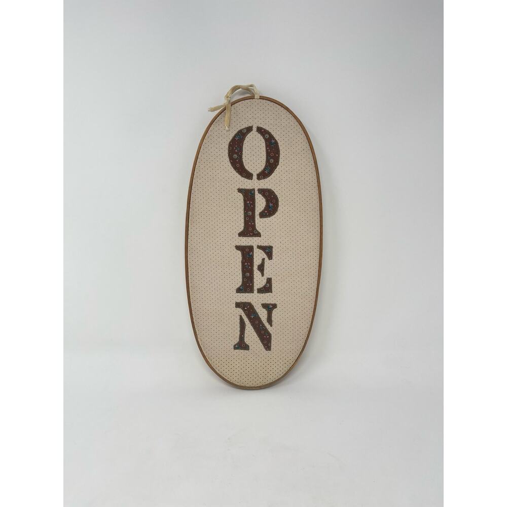 Vintage Open Shut‎ Oval Hoop Fabric Sign Beige Dots Fabric w/Brown Floral